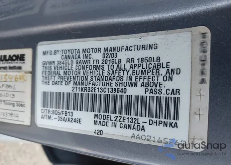 2003 Toyota Matrix Xr из США, поврежденный, VIN 2T1KR32E13C139640